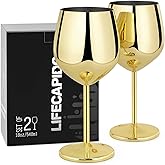 Lifecapido Stainless Steel Wine Glasses Set of 2, 18oz Stainless Steel Wine Goblets, Stemmed Metal Wine Glasses with Cup Brush for Party Office Wedding Anniversary, Great for Red White Wine (Gold)