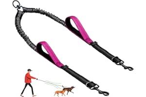 LEOSASA Double Dog Leash - No Tangle Splitter for Two Dogs, Coupler with Adjustable Long Lead Rope, Dual Control Handles, Retractable No Pull Bungee, Walk Train Small Medium Large 2 Pets (Fuchsia)