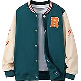 WDIRARA Boy's Letter Graphic Print Bomber Baseball Coat Button Front School Uniform Varsity Jacket