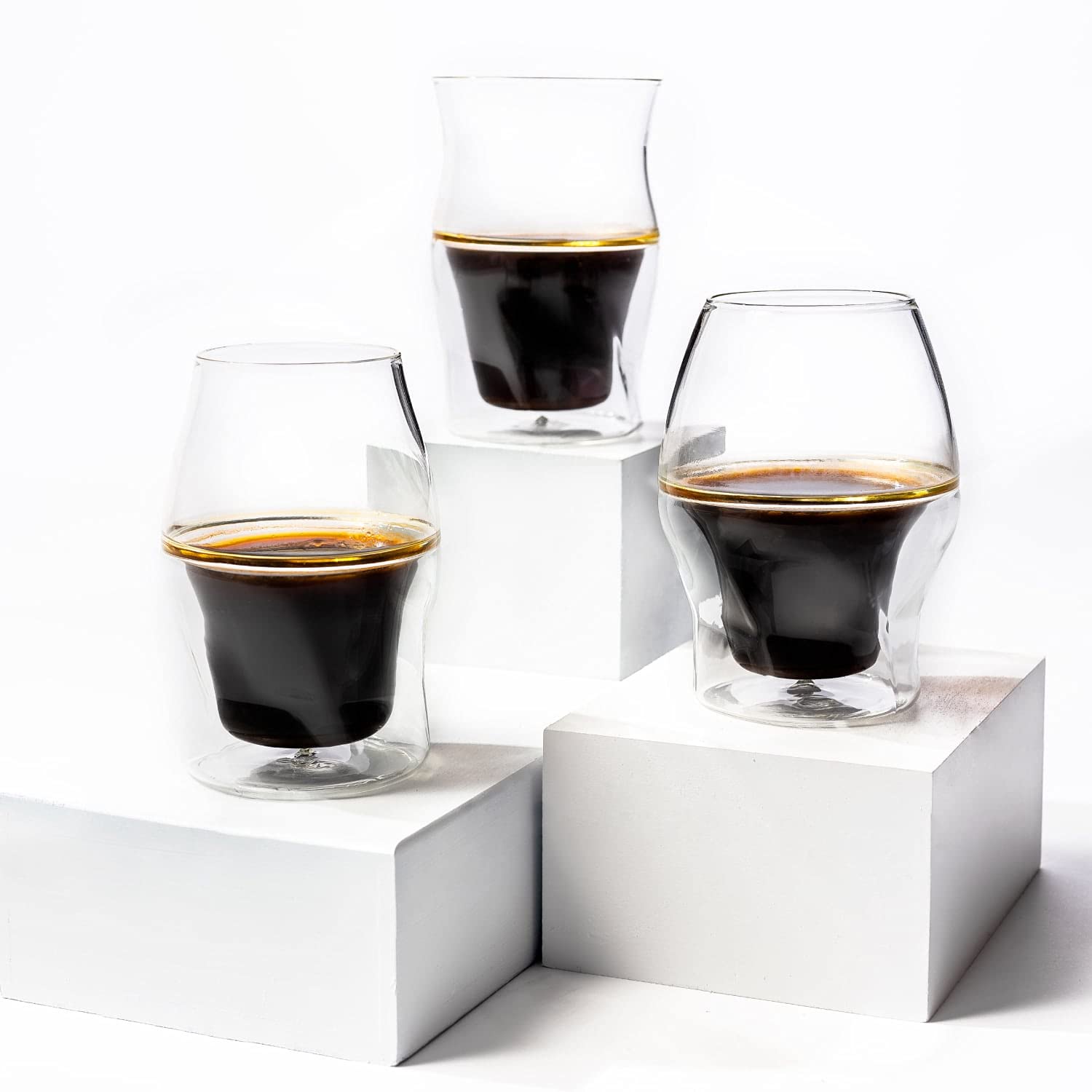 ICOSA Brewhouse AVENSI Coffee Enhancing Glassware Cups - Complete Set: 3 Glasses (VIDA, SENTI, Alto) with Felt Coasters, Polishing Cloth and Brew Guide