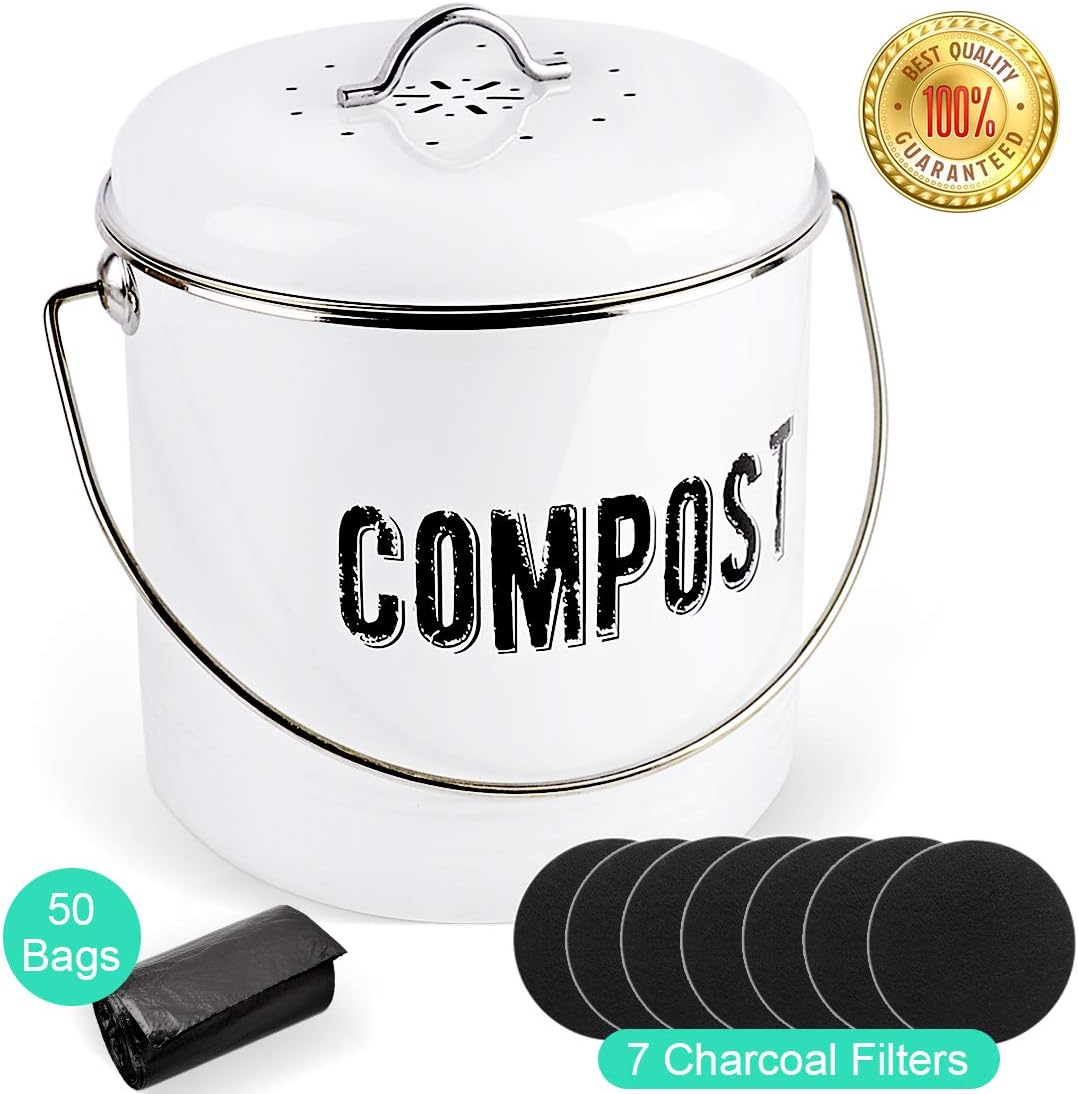 Kitchen Compost Bin with 7 Charcoal Filters and 50 Recycled Trash Bags, 1.3 Gallon Compost Bucket, Rustic Farmhouse Composting Container for Kitchen Counter: Kitchen & Dining