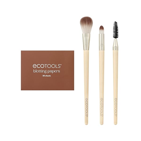 ECOTOOLS LIMITED EDITION TOUCH UPS & TINSEL FACE KIT, MAKEUP BRUSH SET FOR POWDER, CONCEALER, & BROWS, CONTROL OIL WITH BLOTTING PAPERS, ECO-FRIENDLY MAKEUP TOOLS, CRUELTY-FREE, 4 PIECE GIFT SET