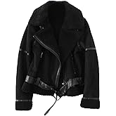 LY VAREY LIN Women's Faux Shearing Moto Jacket Thick Lined Parka Winter Shearling Coat Leather Jacket