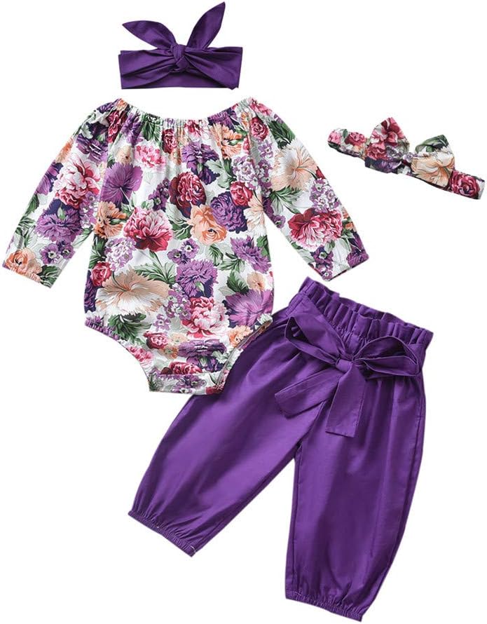 Honykids 3PCS Newborn Baby Girl Romper Jumpsuit Bodysuit +Pants Shorts+Headband Outfit Set
