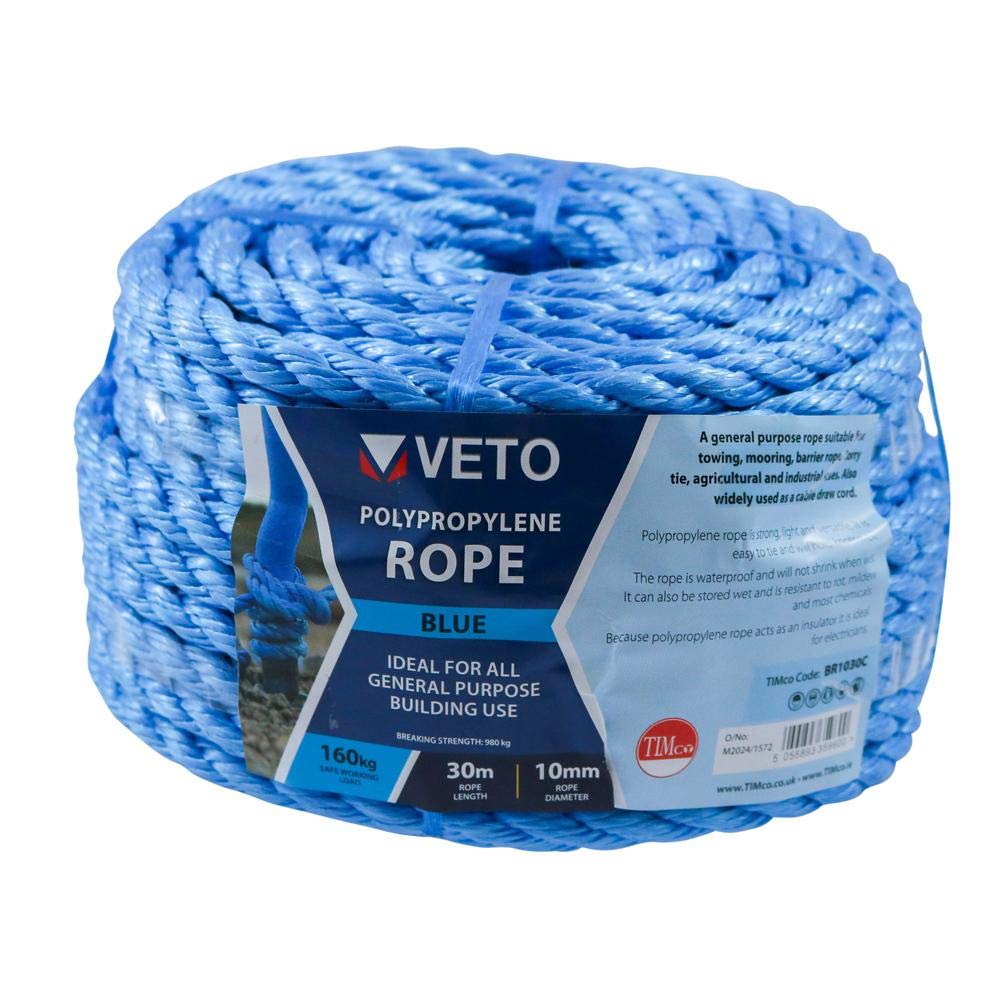 TIMCO Polypropylene Blue Rope – General purpose – Great for towing, mooring, strapping, cable draw cord and as a washing line - Winder – 10mm x 30m