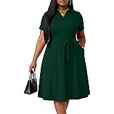 FANDEE Plus Size Dresses, Women Summer Casual V Neck Short Sleeve A-Line Cocktail Shirt Midi Dress with Belt and Pockets