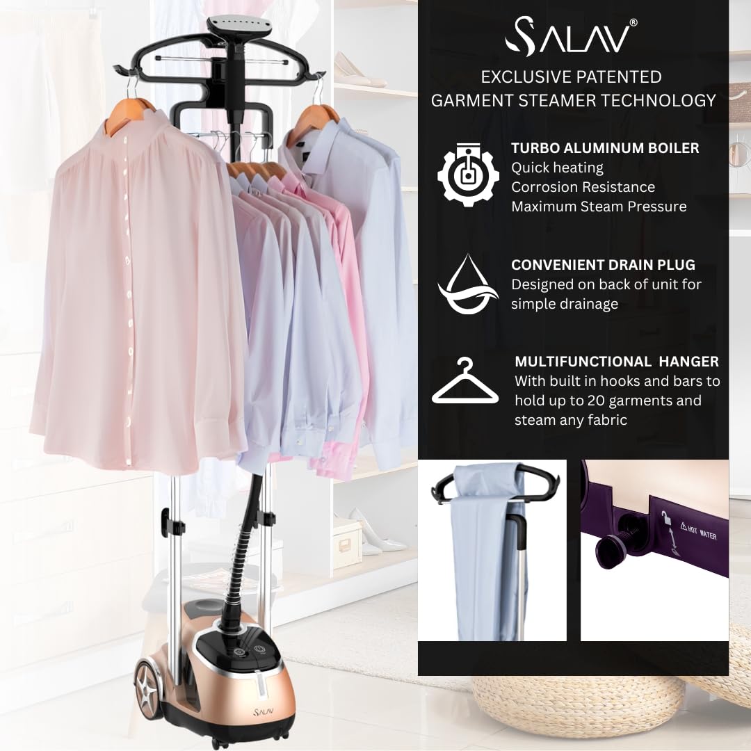 SALAV Limited Edition Professional Series Dual Bar Garment Steamer with Foot Pedals, Stainless Steel Steam Plate, Retractable Power Cord, 1.8L (60.8 oz) Water Tank, 1500 watts, 60+mins of Steam