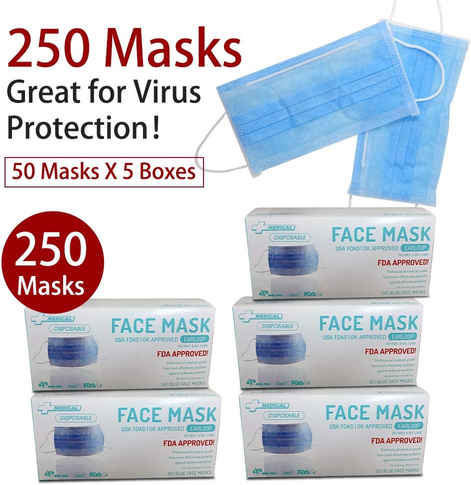 250 Pcs Disposable Earloop Face Masks，Great for Virus Protection and Personal Health,Allergy Dust Pollen Antiviral Flu Dental Cleaning Germ Cough,Breathability Comfort-Great for People with Allergies