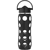 Lifefactory 22-Ounce Glass Water Bottle with Pivot Straw Cap and Protective Silicone Sleeve, Onyx