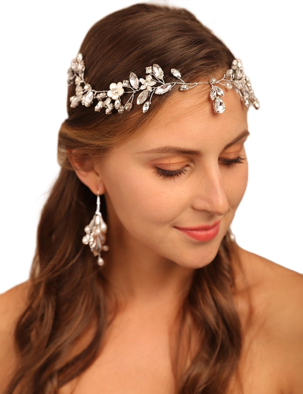 BERYUAN Women Girls Flower Crystal Rhinestone Hair Vine Silver Wedding Headpiece Teardrop Crystal Rhinestone Bridal Headpiece Handmade Wedding Hairpiece for Women Girls (SILVER)