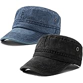 2 Pack Men's Cotton Military Caps Cadet Army Caps Vintage Flat Top Cap
