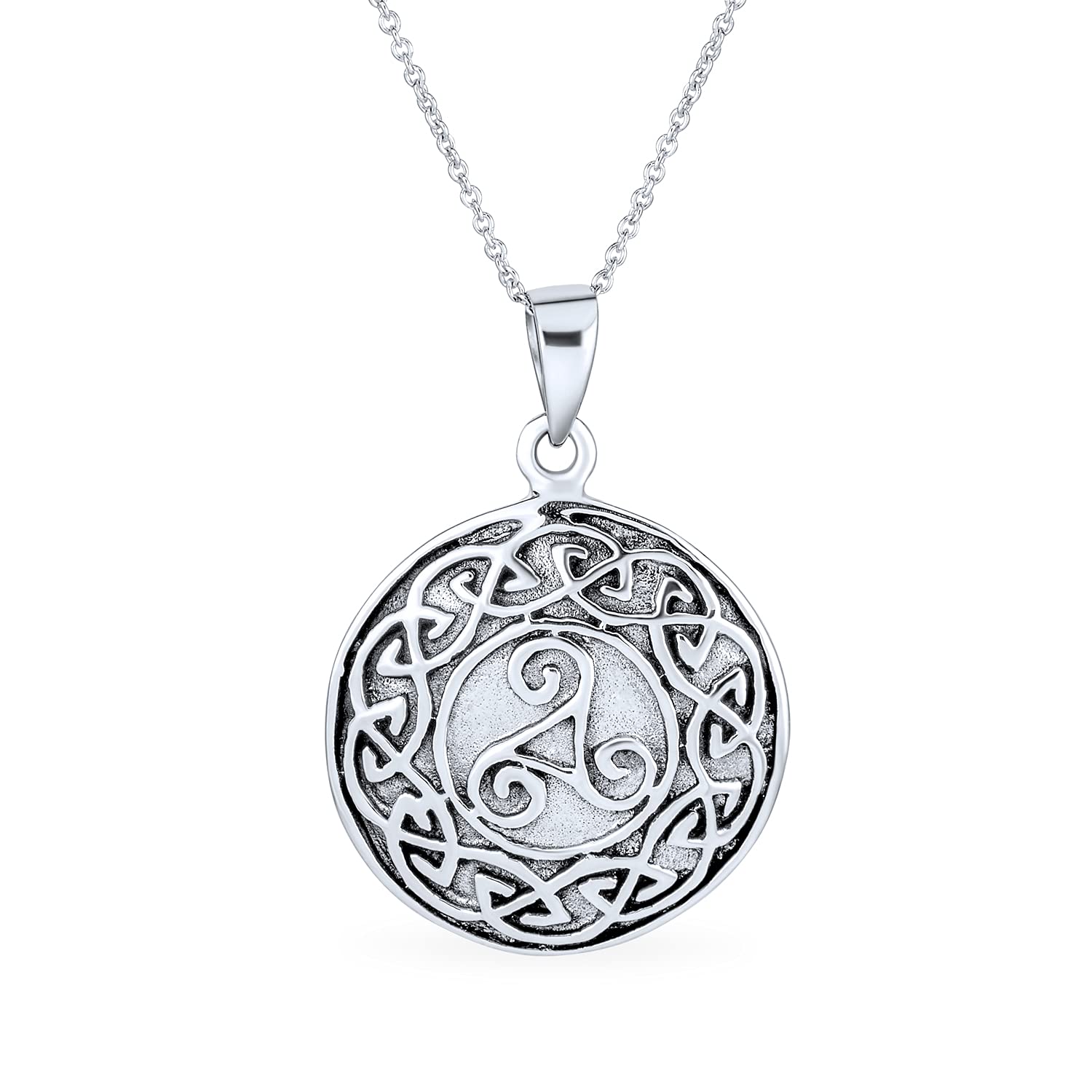 Bling Jewelry Personalize Ancient Unisex Viking Round Circle Disc Medallion Celtic Triquetra Trinity Knot Triskele Pendant Necklace For Men Women Oxidized .925 Sterling Silver Customizable