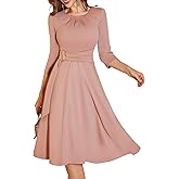 Dressystar Women's Wedding Guest Dress Fall Midi A Line Swing Long Sleeve Ruched Elegant Formal Cocktail Party Dresses 2025 Dusty Rose Blush Pink L
