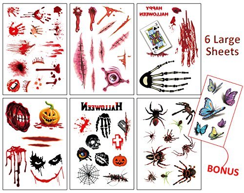 7 Sheets Scar Tattoos Temporary Large – Simulate Body Wound Scab Bloody Stickers, Halloween Parties Spider Pumpkin Realistic Décor, Zombie Cosplay Makeup Horror Injury Art Toys, for Kids Women Men