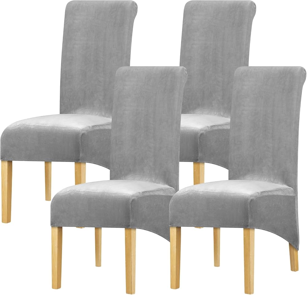 Leorate High Back Chair Covers Stretch Velvet Slipcover Grey Pack of 4
