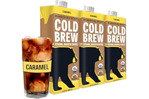 Wandering Bear Organic Caramel Cold Brew Coffee, 32 fl oz, 3 pack - Extra Strong, Smooth, Organic, Unsweetened, Shelf-Stable, and Ready to Drink Iced Coffee, Cold Brewed Coffee, Cold Coffee