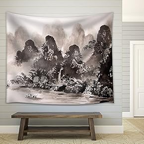 Chinese Landscape Watercolor Painting - Fabric Wall Tapestry Home Decor - 51x60 inches