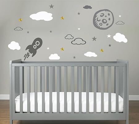 Stickermarket Raumschiff Rakete Weltall Mond Mit Wolken Set 27 Teilig Wand Himmel Babyzimmer Deko Kinderzimmer Kindergarten Grau Weiss Gold Amazon De Kuche Haushalt