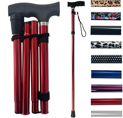 Life Healthcare Folding Walking Stick Adjustable Height Red Lightweight