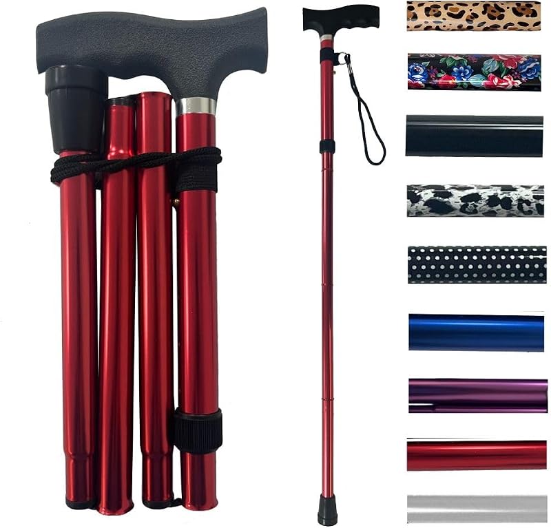 Life Healthcare Folding Walking Stick Adjustable Height Red Lightweight