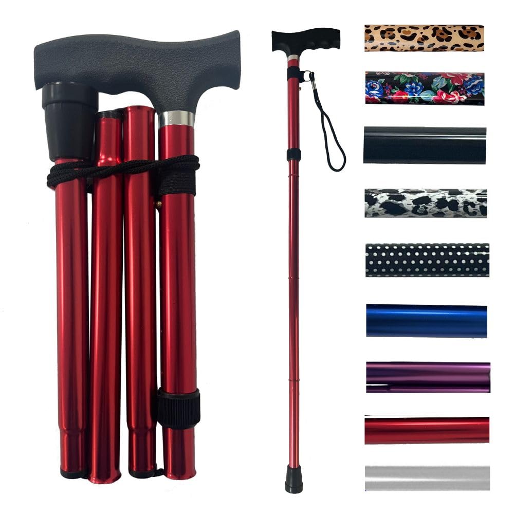 Life Healthcare Folding Walking Stick–Adjustable Height Lightweight Aluminium Cane for Elderly Disabled Men & Women–Non-Slip Rubber Tip Ergonomic Handle & Travel-Friendly Design (Red)