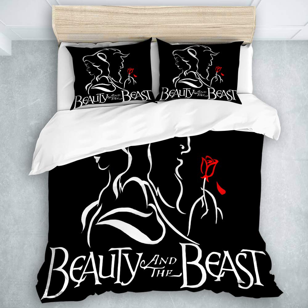 JOSENI Duvet Cover Set Beauty and The Beast Decorative 3 Piece Bedding Set with 2 Pillow Shams Queen Size