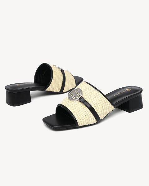 NEWBELLA HEELED SANDALS FOR WOMEN KNIT SQUARE OPEN TOE SLIP ON MULES WHITH CHUNKY LOW BLOCK HEEL CASUAL SUMMER DRESS SHOES (BLACK-RAFFIA, ADULT, WOMEN, 10, NUMERIC, US FOOTWEAR SIZE SYSTEM, MEDIUM)