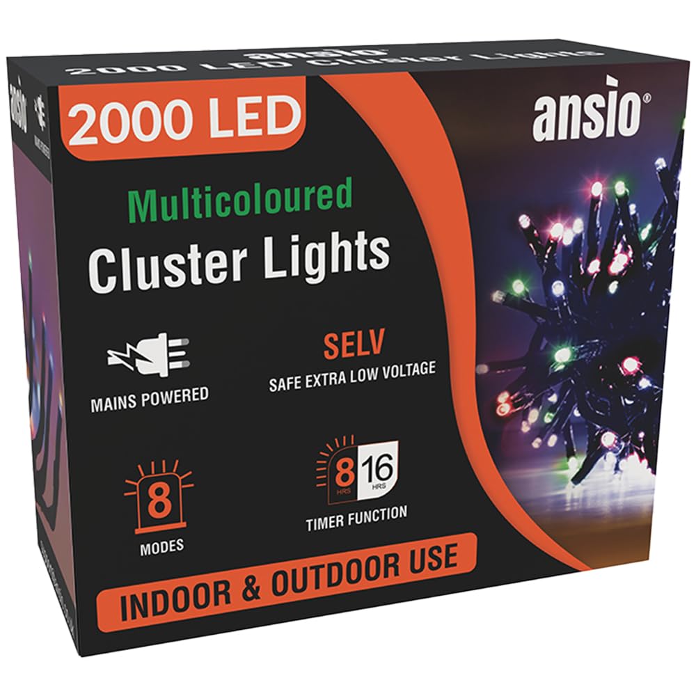 ANSIO® Christmas Lights 2000 LED 24m/78ft Cluster Christmas Tree Lights for Indoor & Outdoor Multicoloured Decorations Fairy Lights with Timer for Xmas Garden & Party | Mains Powered Green Cable…