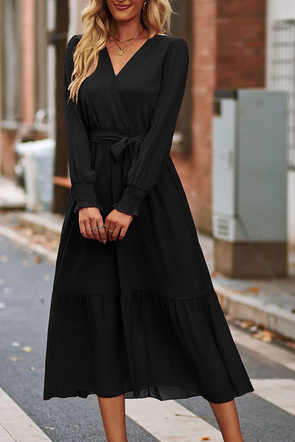 PRETTYGARDEN Women's Floral Boho Dress Fall Long Sleeve Wrap V Neck Ruffle Flowy Maxi Spring Wedding Guest Vacation Dresses