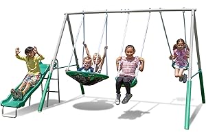 Sportspower Northridge Metal Swing Set, 500 lb Capacity, 32" Saucer, 2 Blow-Molded Swings & 5ft Slide, Durable 6ft Frame, Outdoor Backyard Playset for Kids Aged 3–8