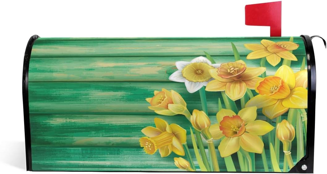 WOOR Hipster Yellow Daffodils Flowers on Green Wooden Magnetic Mailbox Cover Happy Mother's Day MailWraps Garden Yard Home Decor for Outdoor Oversized-25.5