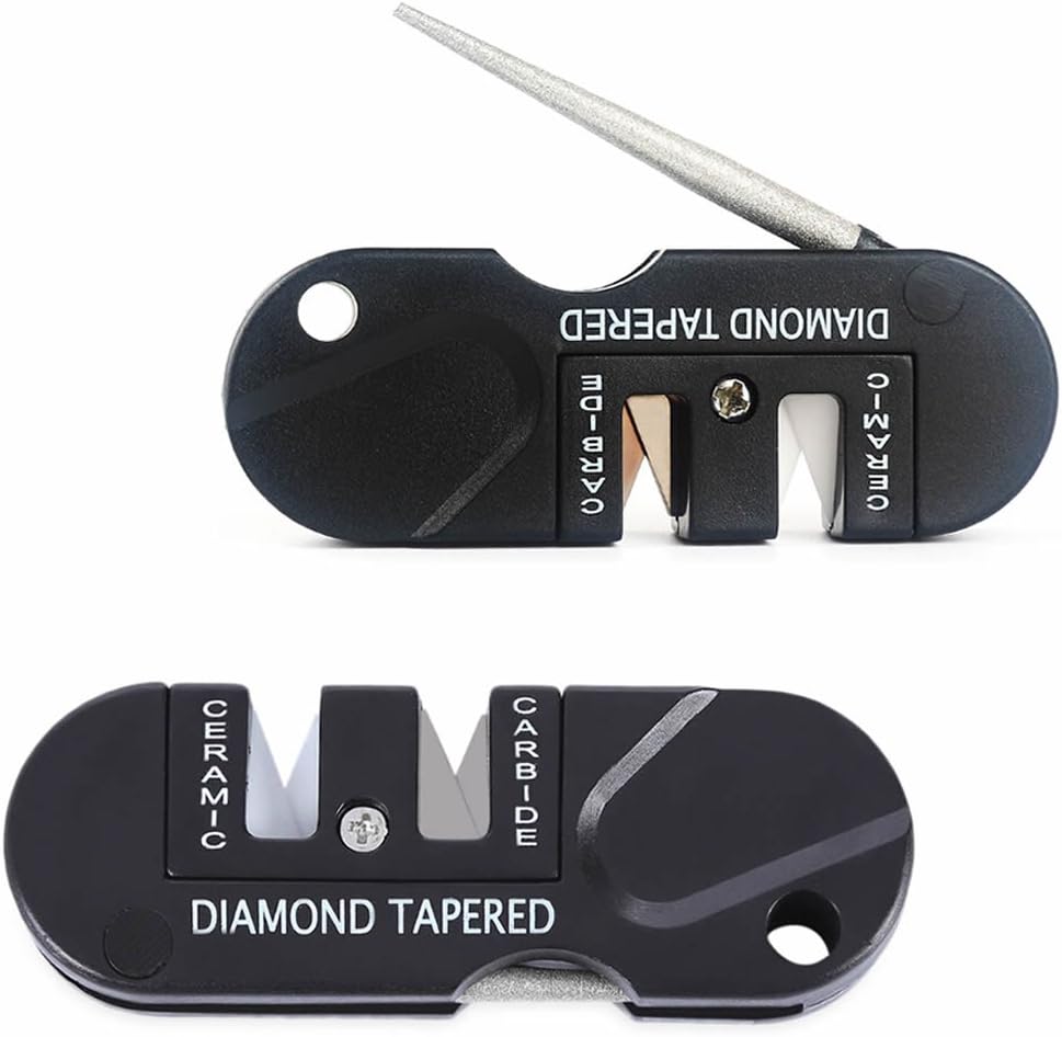 maxgoods 2Pack Pocket Knife Sharpener,Multifunction EDC Gear Keychain Foldable Sharpening Stone with 3 Stages Ceramic&Carbide&Diamond Tapered for Survival Hunting Fishing Camping,Black