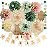 Sage Green and Dusty Pink Birthday Decorations Neutral Birthday Decorations Sage Green Pink Paper Pom Poms Paper Fans Happy Birthday Banner for Women Girls