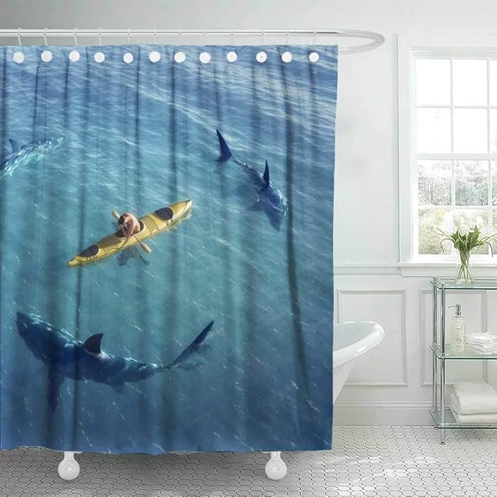 Douecish 72X78 Shower Curtain, Shower Curtain Man in Boat Kayak was The Middle of Ocean Surrounded by Sharks Cool Shower Curtain with Hooks Waterproof Eco-Friendly Long Shower Curtain for Bathroom