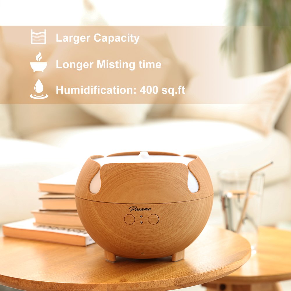 600ml Aromatherapy Diffuser, Paxamo Extra Large Diffuser Wood Grain Humidifier, Premium Therapy Diffuser for Essential Oils, Last Overnight for Home & Office