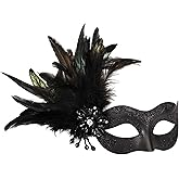 Ralleyfun Masquerade Mask for Women Shiny Venetian Mask for Halloween Mardi Gras Costume Party Ball with Feather flower dec.