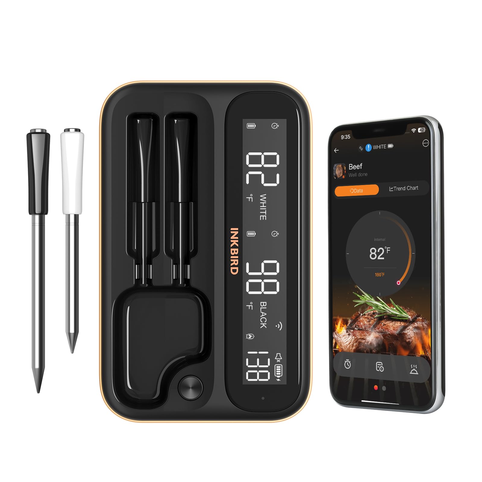 INKBIRD Smart 5GHz Wireless Meat Thermometer INT-12-BW,Bluetooth WiFi Meat Thermometer probe with Dual Probes, Backlight LCD Display and Smart App for BBQ, Oven, Grill, Smoker, Air Fryer