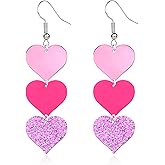 QLYOVWE Hot Pink Heart Earrings for Women Lightweight Double Love Heart Drop Earrings Unique Pink Red Love Heart Statement Earrings