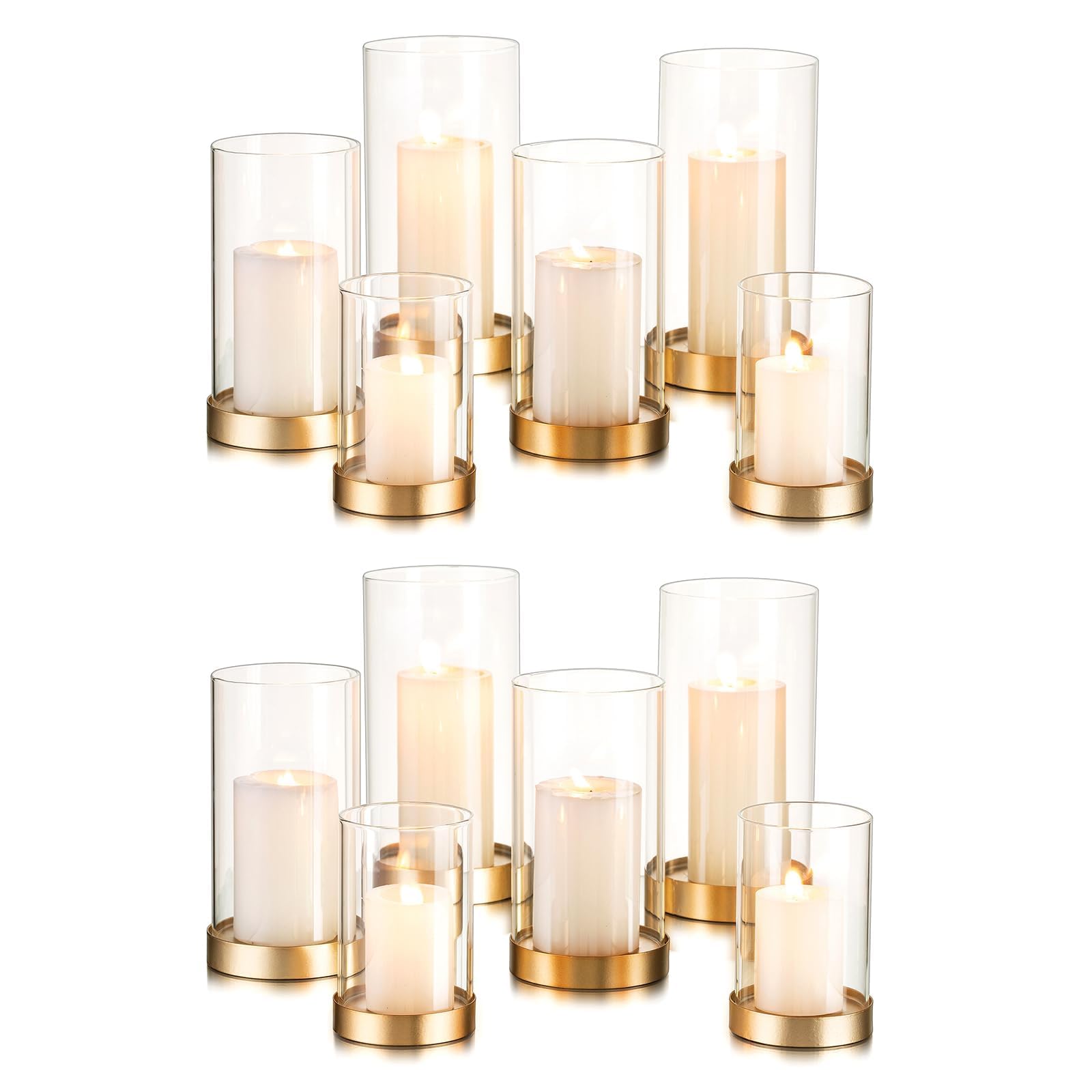 Photo 1 of Hewory Hurricane Candle Holder for Pillar Candles: Gold Votive Candle Holders Set of 12, Glass Hurricane with Metal Candle Plate, Pillar Candle Holder for Table Centerpiece Wedding Holiday Home Decor