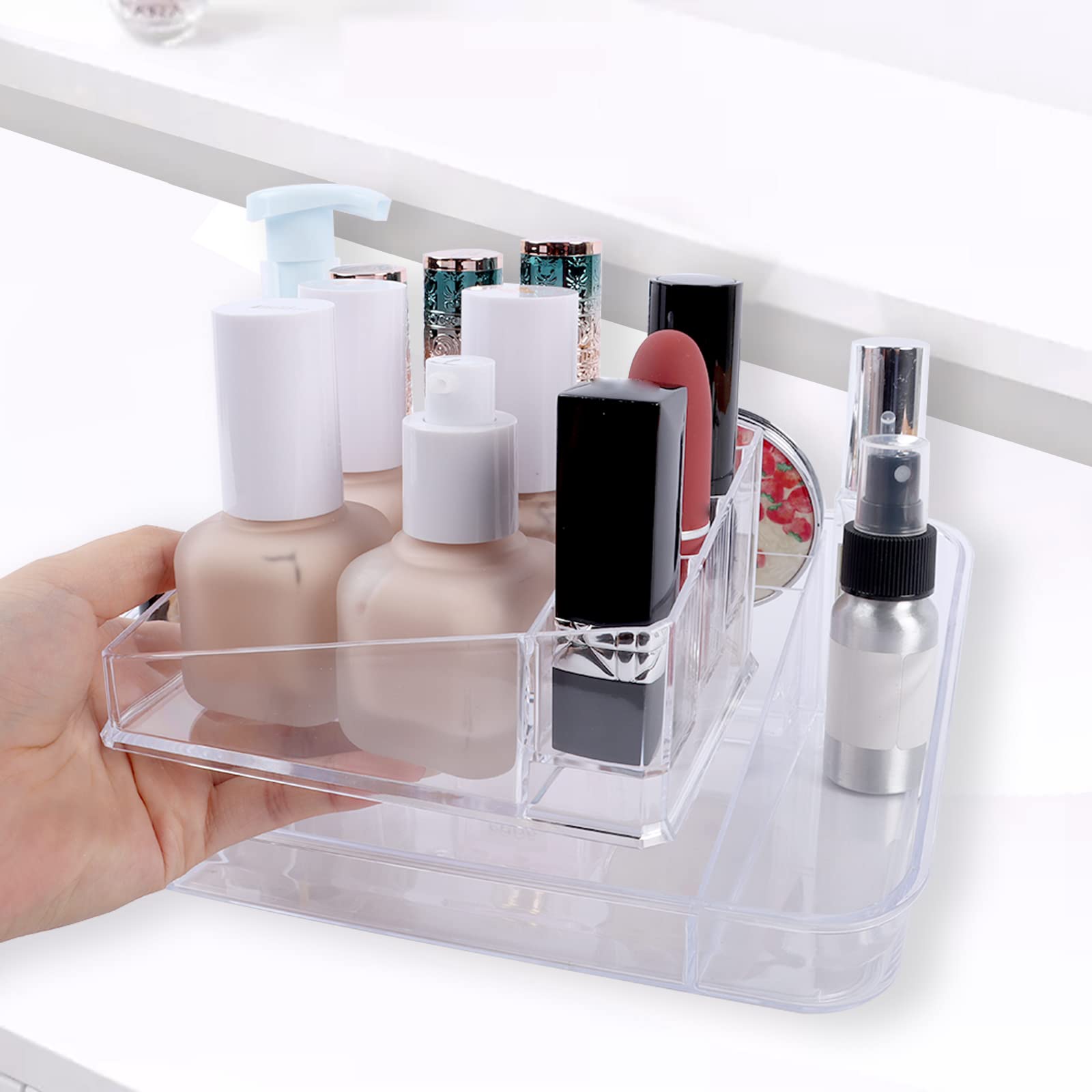 Makeup Organiser 2 in 1, Office Stationery Organizer Desktop Acrylic Makeup Organiser Tray with 16 Compartments Lipstick Cosmetics Storage Organizer for Dresser, Office, Bathroom (Transparent)