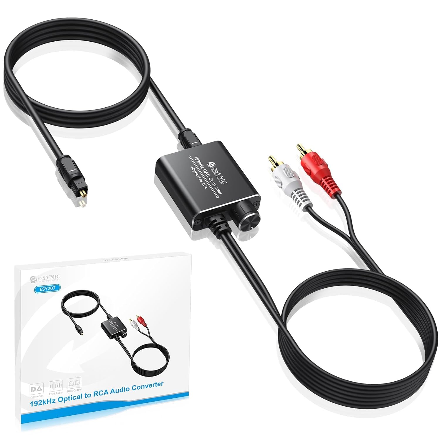 eSynic Portable Optical to RCA Converter with Volume Control 192KHZ Digital to Analog Audio Converter 7ft/2.1m Optical to Analog Audio DAC Converter Support PCM Audio Output for HDTV Blue-ray PS4 etc
