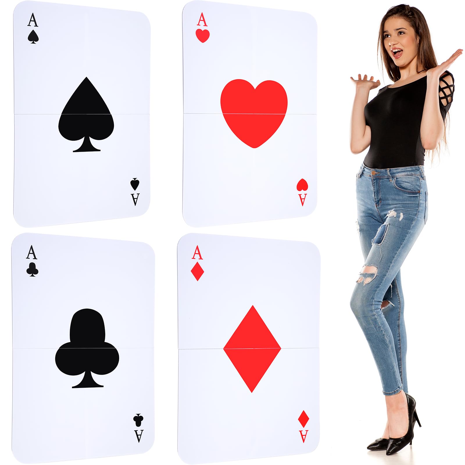 Photo 1 of Simgoing 4 Pcs Jumbo Playing Cards 2.62 ft Tall Giant Deck of Cards Large Print Playing Cards Oversized Casino Theme Party Decorations for Adults Game Birthday Party Supplies
