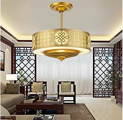 KHSKX Chinese stealth fan chandelier fan light retro luxury Restaurant, living room local gold ceiling fan lights [Energy Class A++]