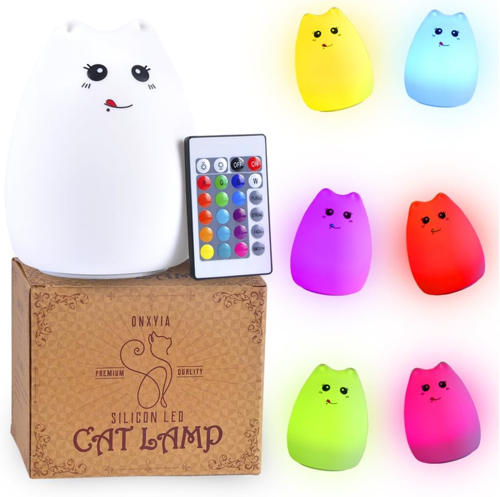 Onyxia Color Changing Cat Lamp - Smiling: Best Rechargeable Silicone LED Night Light for Kids and Adults - with Adjustable Brightness and Color Modes for a Good Night’s Sleep