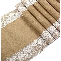 Jolly Jon Burlap Table Runner with White Lace - Wedding Reception Vintage Rustic Decor - 12" x 108" Long Dining Table Decoration - Bridal Baby Shower & Everyday Use