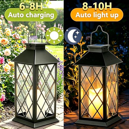 Yowin Lanterne da Esterno 2 Pezzi Lanterna Solare da Giardino con Candele Tremolante, Lampada da Appendere Impermeabile Lampade da Tavolo per Arredo Giardino Terrazzo Balconi Decorazioni - Nero