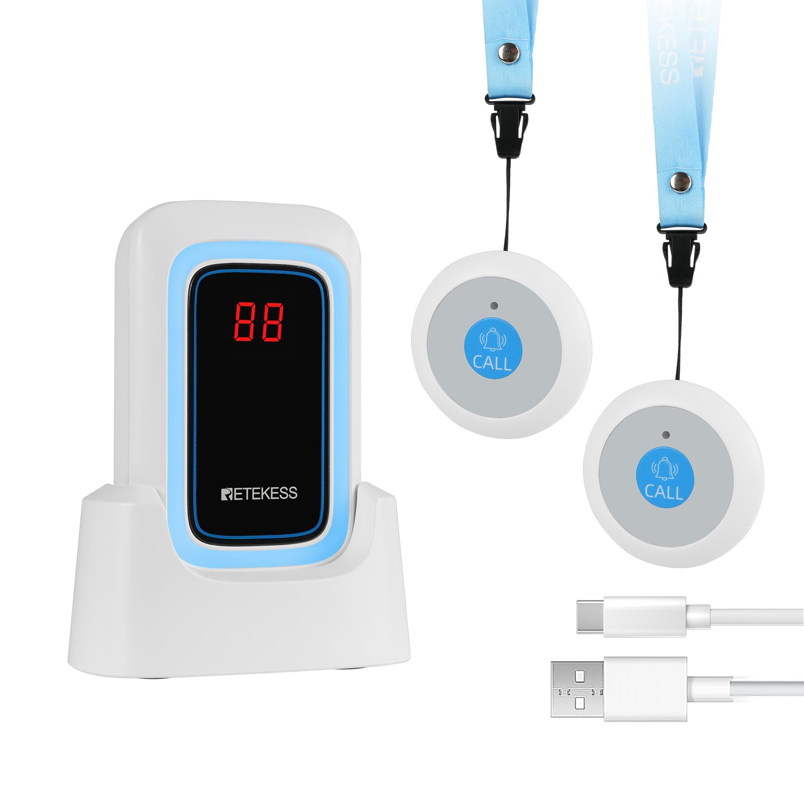 Retekess TH109S Wireless Call Button for Elderly, Caregiver Pager,850ft Communication Range,Portableand Easy to lse,Distinguishes CallSources,Customizable Alerts,Home Care(2Buttons and 1 Receiver)