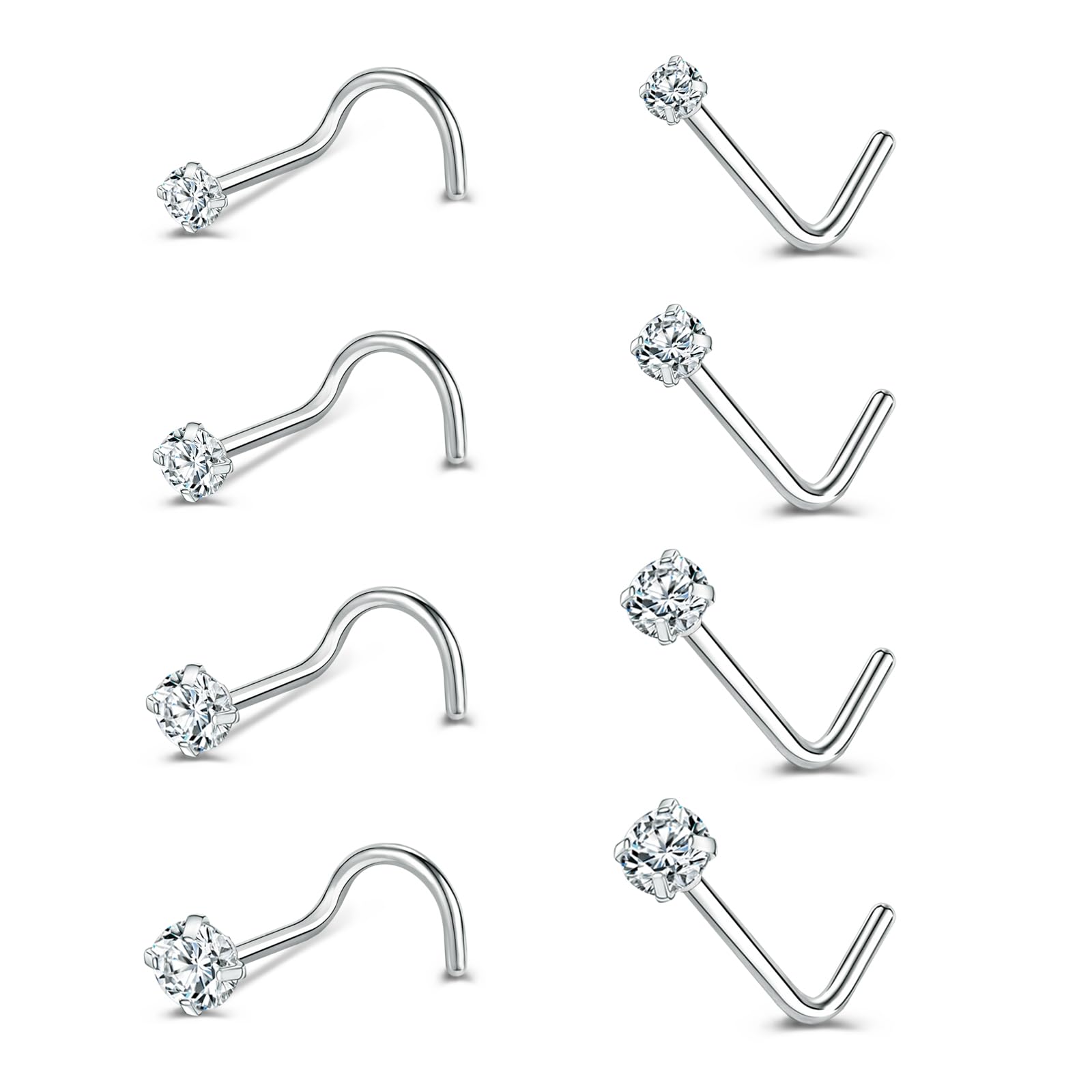 6-14 Pieces 20g Tiny Nose Studs L-Shape CZ Nose Bones Nose Screw Rings Set Stainless Steel Nose Piercing Stud
