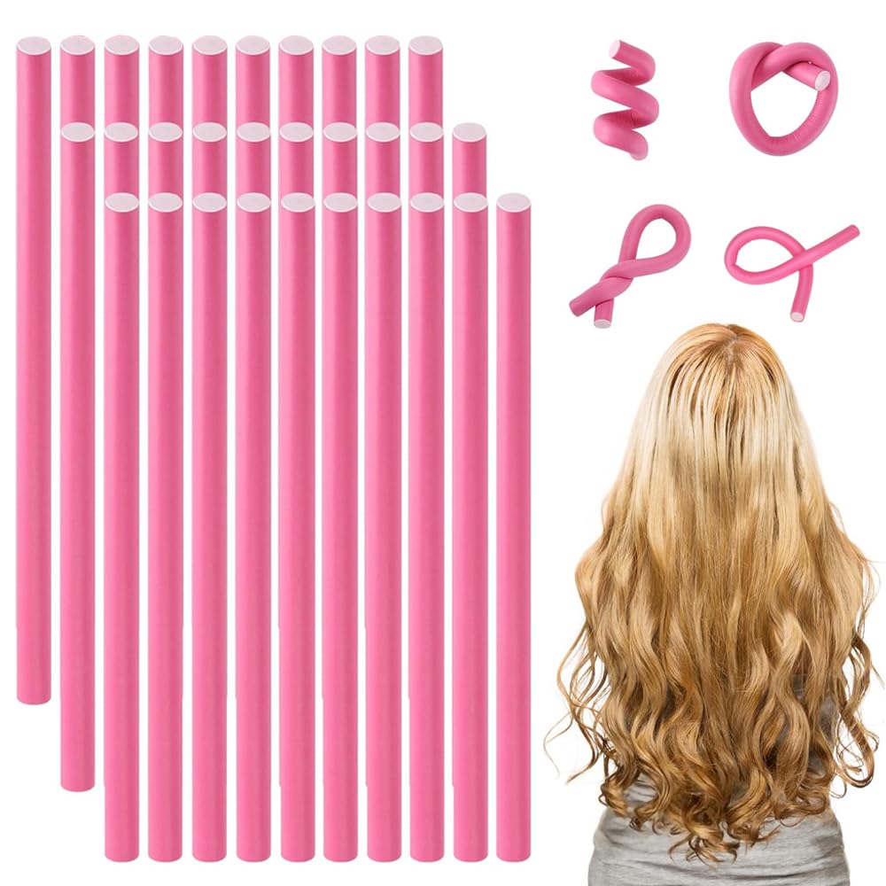 30 PCS Flexible Hair Curlers, Flex Rods, Flexible Curling Rod, Flexible Curling Rollers, Curling Rods, Hair Rods for Sleeping Styling Hairdressing, Pink