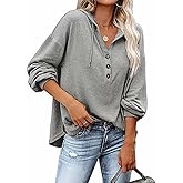WROLEM Womens Hooded Button Collar Drawstring Hoodies Pullover Sweatshirts Casual Long Sleeve Top Shirts